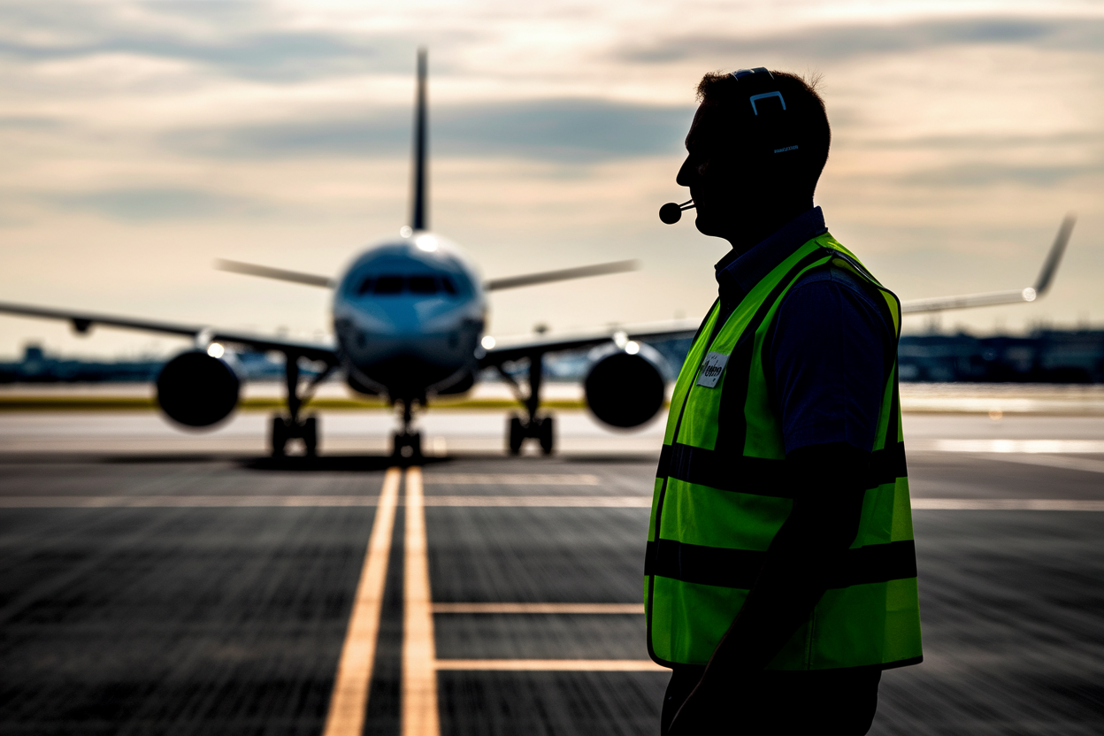 agent-piste-gilet-casque-avion