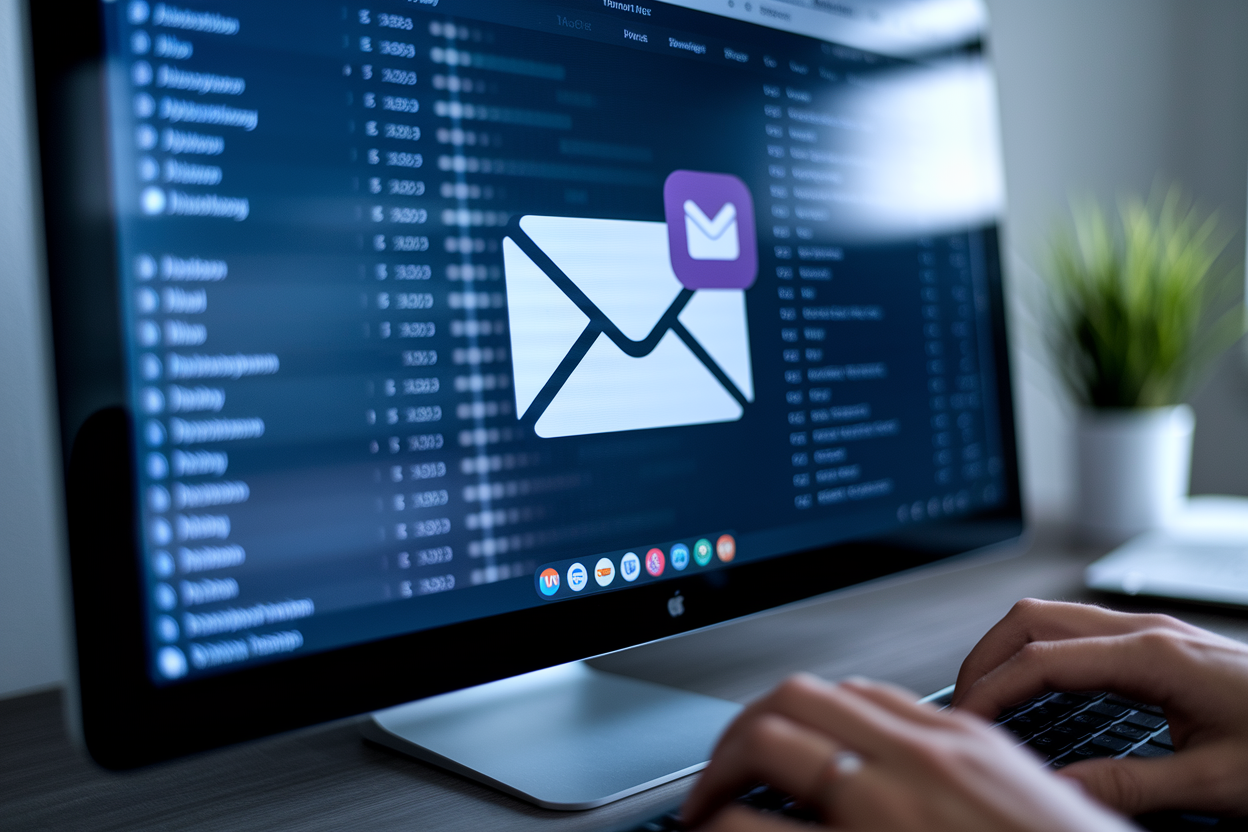 gros-plan-ecran-parametres-mail-mains-clavier-bureau-minimaliste