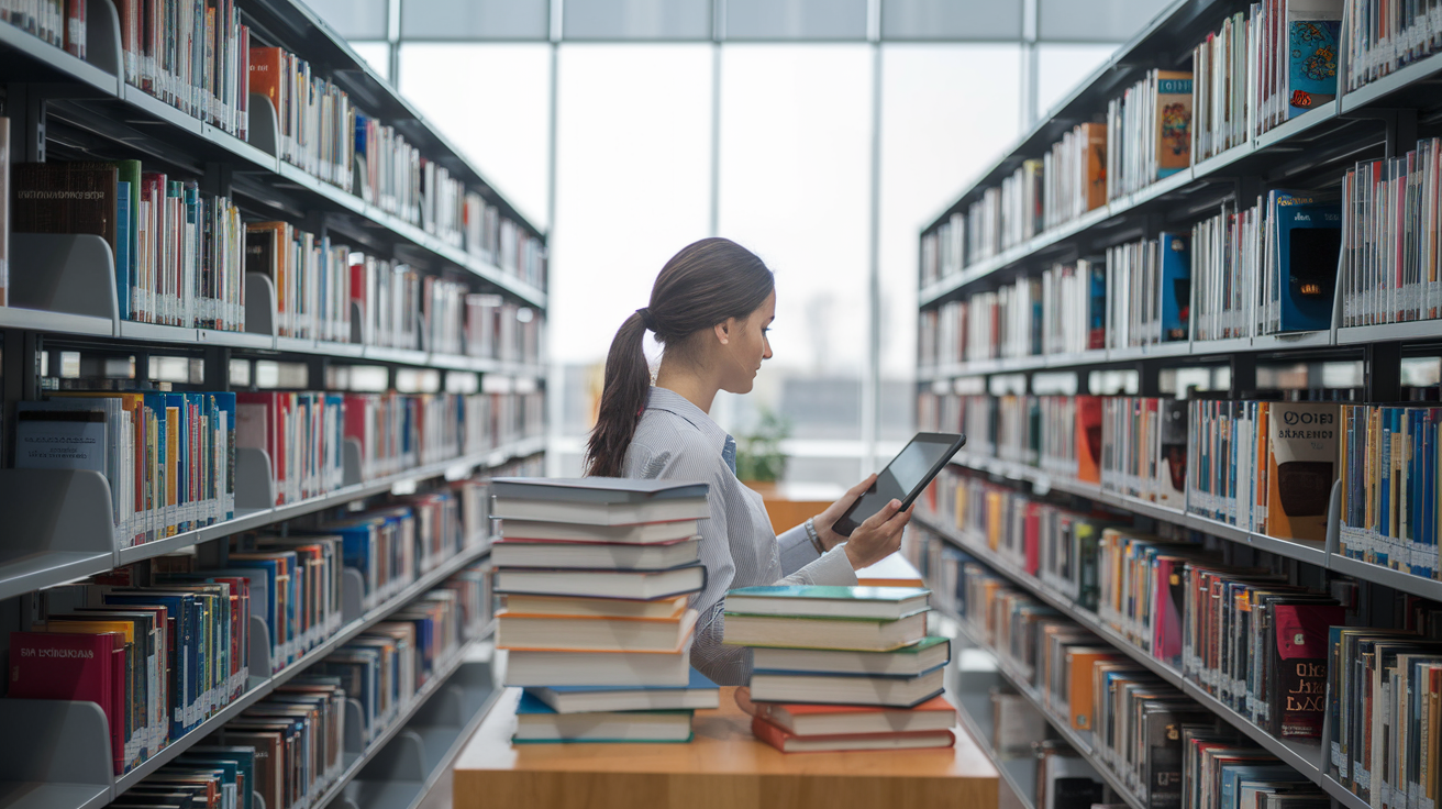 bibliotheque-moderne-femme-tablette-livres