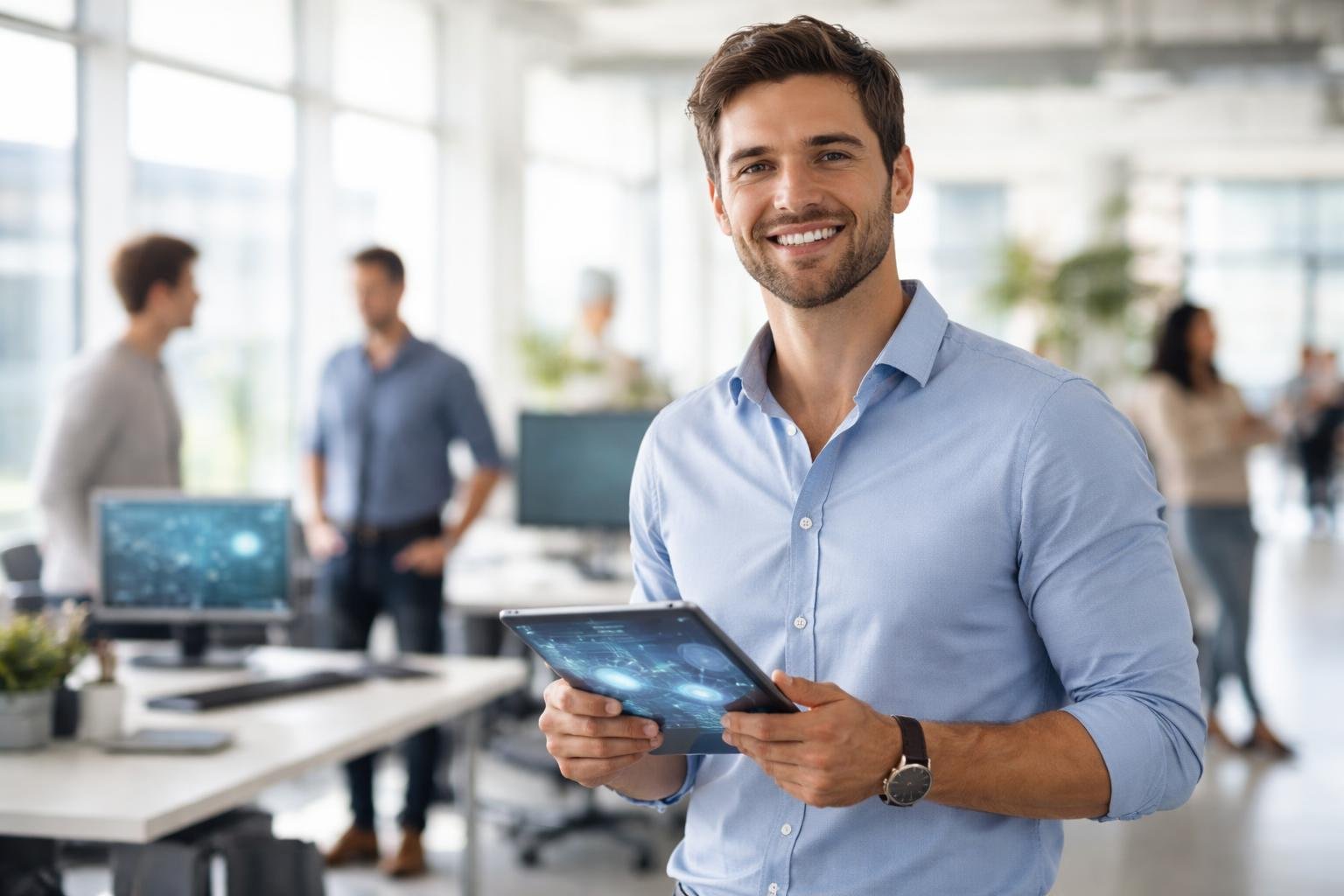 professionnel-souriant-bureau-tablette-lumineux