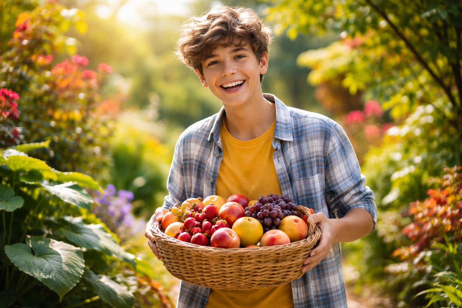 adolescent-panier-fruits-jardin-ensoleille