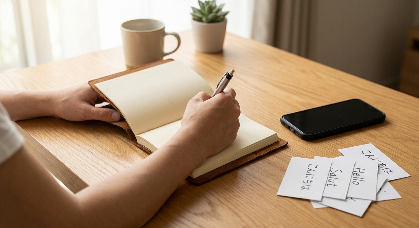 personne qui écrit des objectifs d'apprentissage de l'espagnol dans un carnet avec un téléphone et des fiches de vocabulaire sur la table