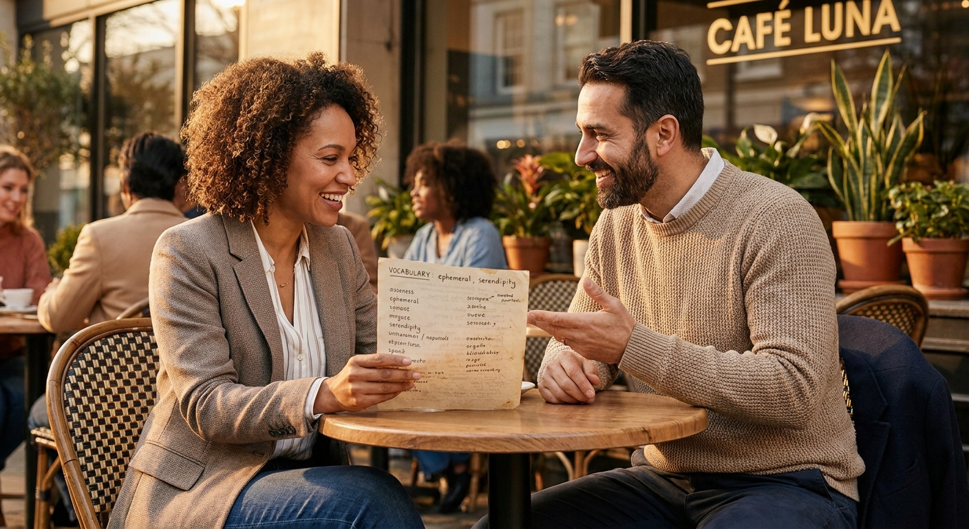 deux personnes discutant en face à face dans un café, l'une tenant une fiche de vocabulaire espagnol, dans une atmosphère détendue